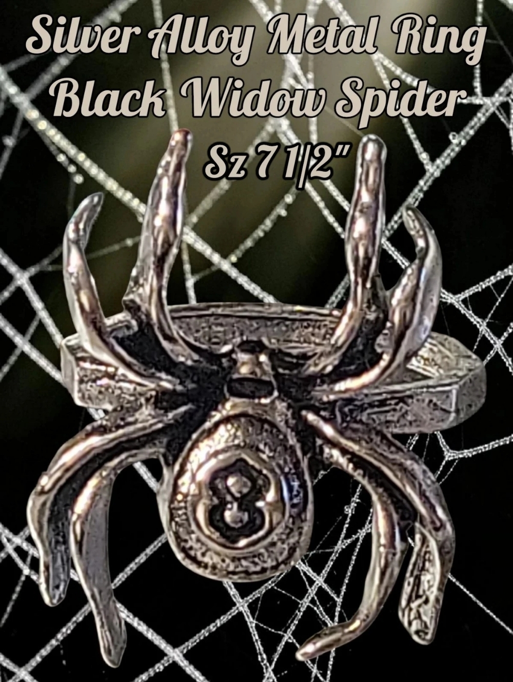 NWT Silver Alloy Metal Ring Black Widow Spider Hour Glass 8 Ball Ring Sz 7 1/2